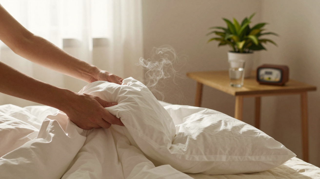 Hands fluffing a steaming white duvet on a bed with a wooden bedside table in the background.