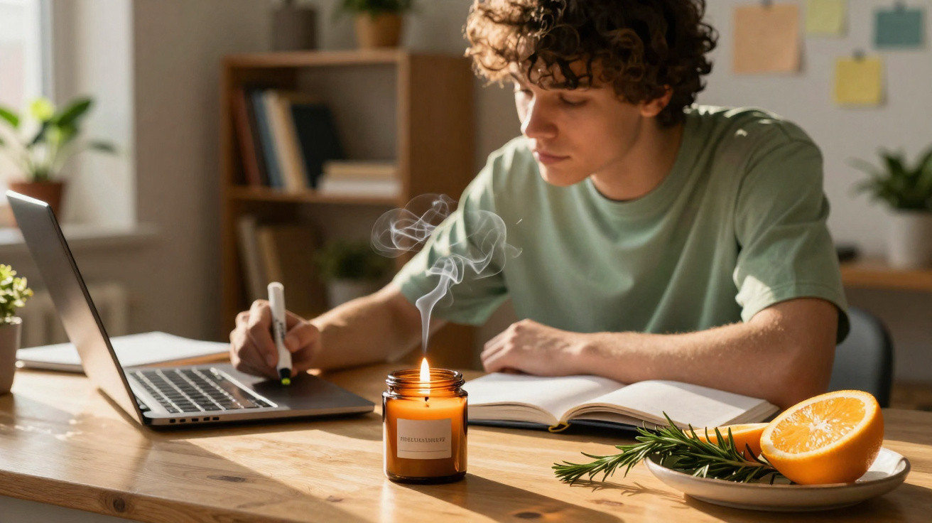 Young man studying at a desk with a laptop, open book, lit scented candle, and orange halves on a plate.