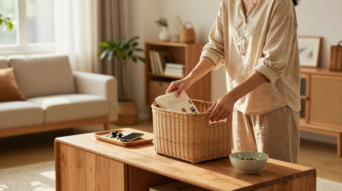 Person placing a book into a wicker basket on a wooden table in a cozy, sunlit living room.