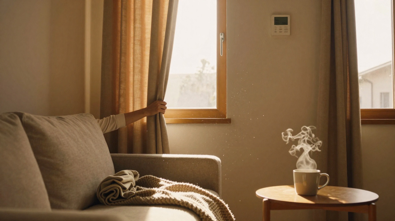 Hand pulling back beige curtains to sunlight in a cosy living room with steam rising from a cup on a wooden table.