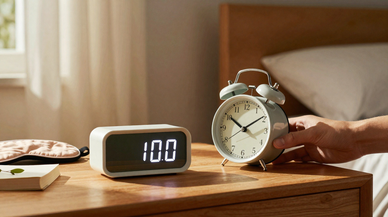 Hand adjusting a white analog alarm clock on a wooden bedside table alongside a digital clock showing 10:00.
