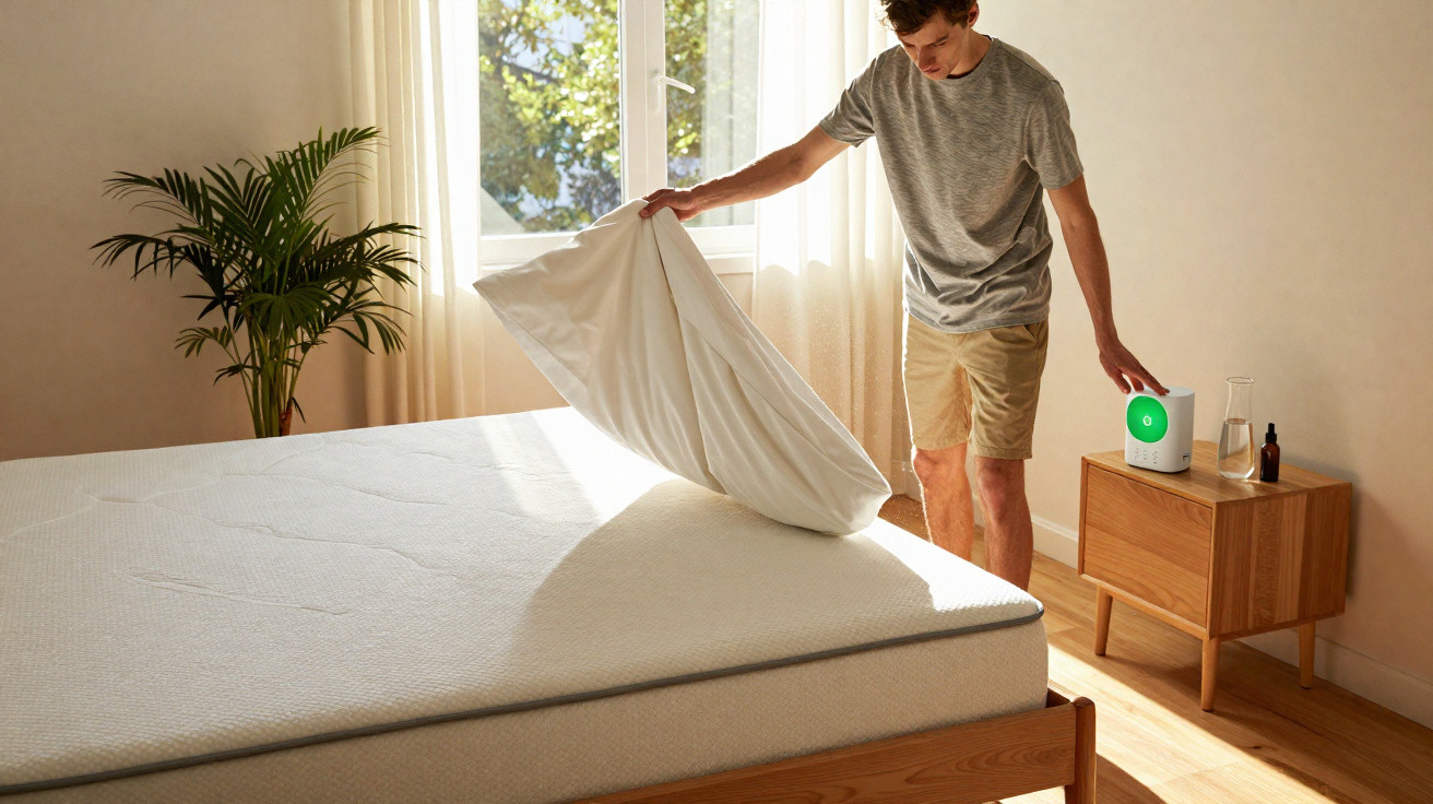 Man making a bed in a sunlit bedroom with a plant and a wooden bedside table with air purifier