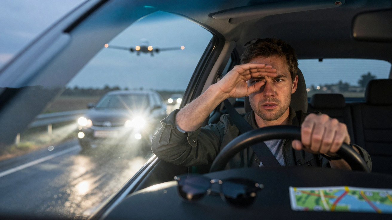 Man shielding eyes from bright headlights of oncoming car while driving at dusk on wet road.