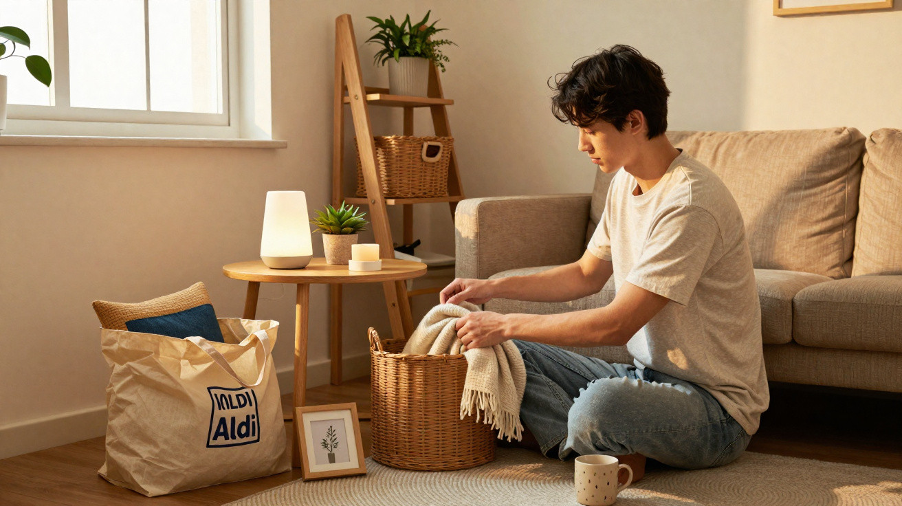 Man folding a blanket into a wicker basket in a cosy living room with soft lighting.