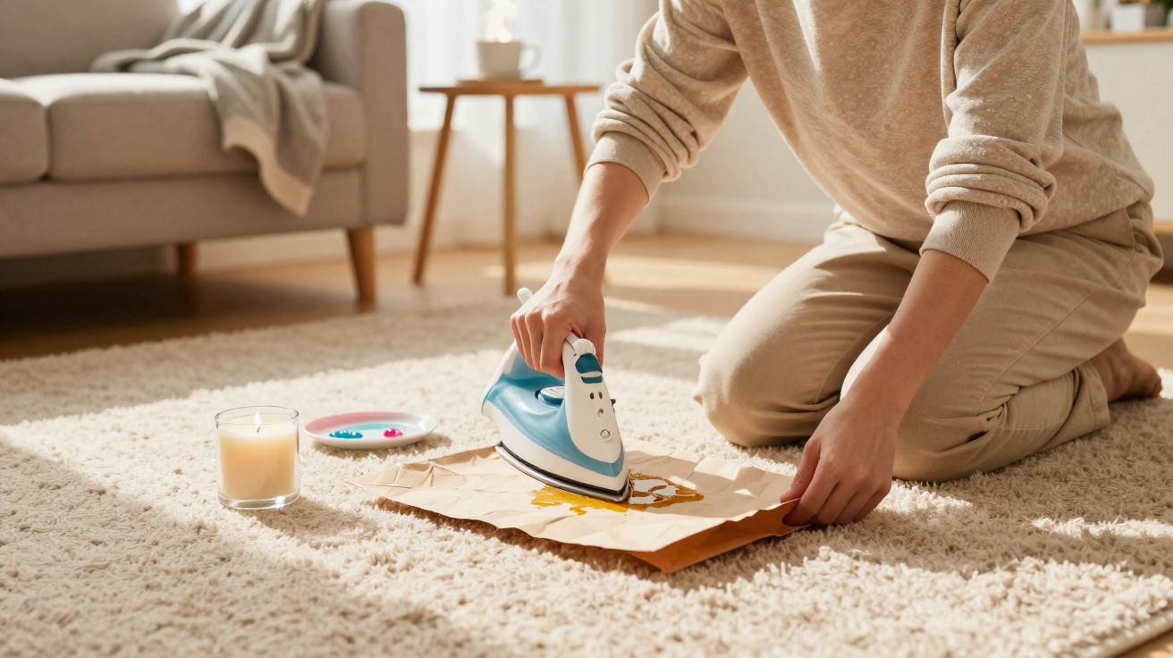 Person kneeling on carpet using an iron to transfer a design onto brown paper in a cosy living room.