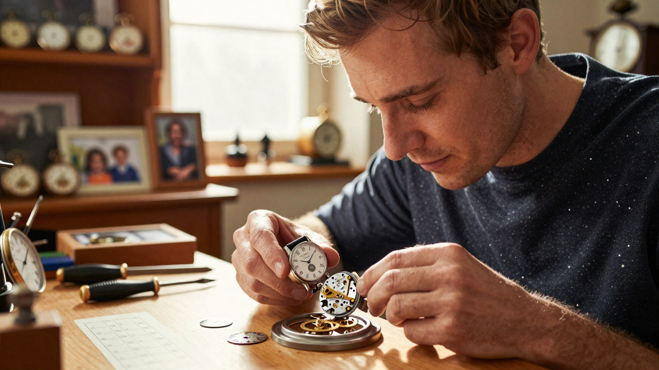 Man repairing a wristwatch mechanism with tools on a wooden desk in a workshop.