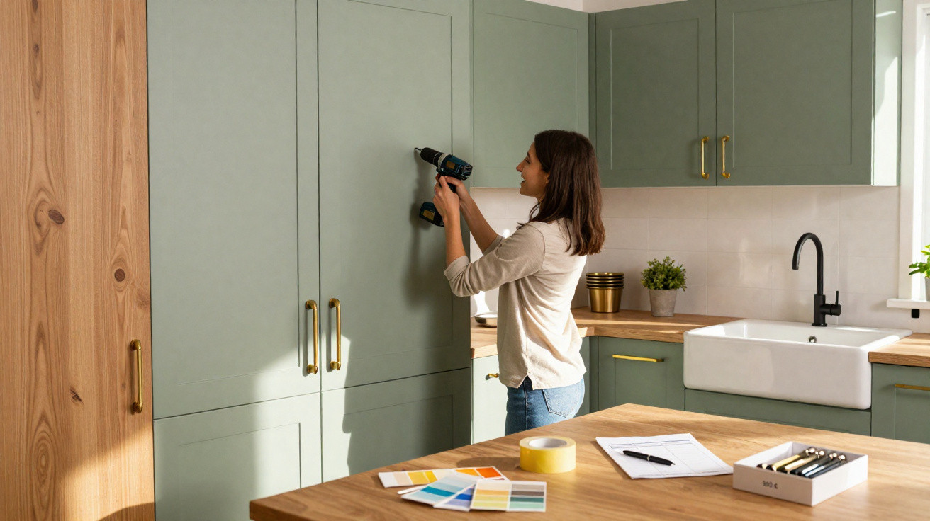 Woman using a cordless drill to install or fix green kitchen cabinet doors in a modern kitchen.