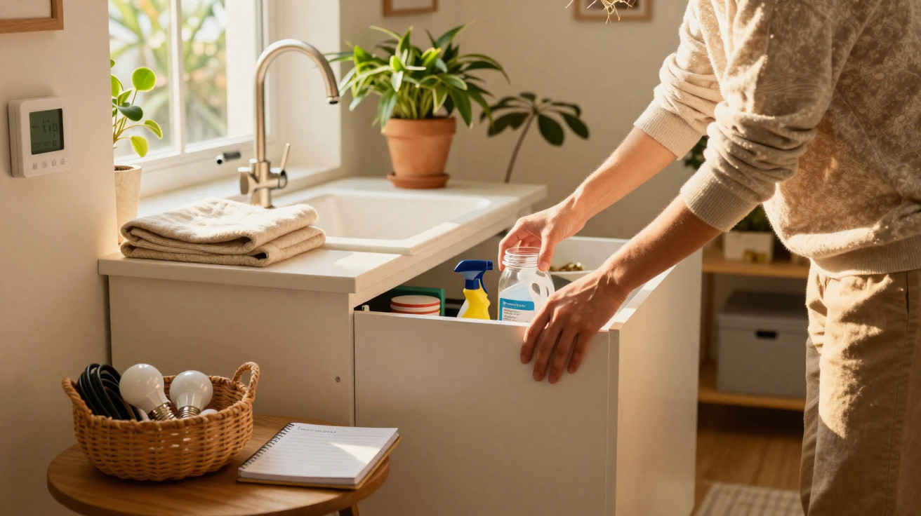 Person organising cleaning supplies in a bright kitchen cabinet near a sink with plants and natural light.