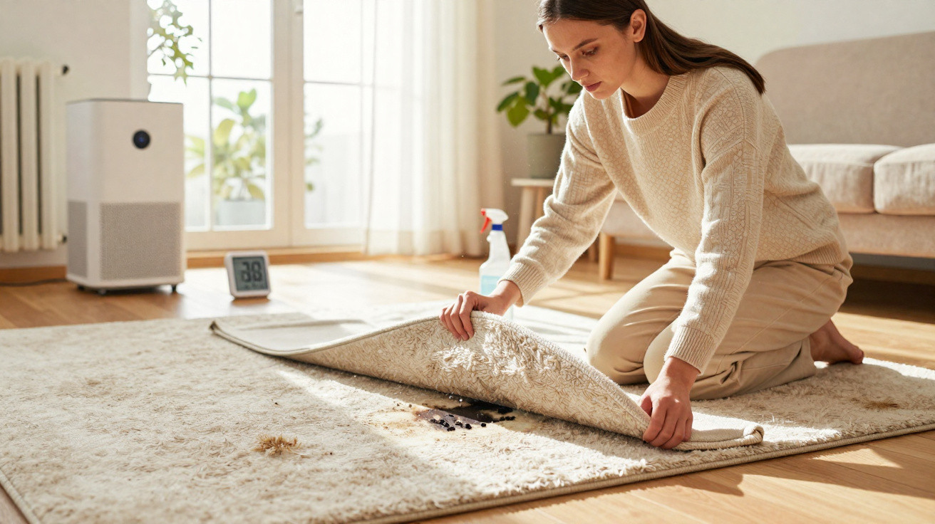 Woman lifting beige rug to clean dark debris underneath in bright living room with air purifier and spray bottle nearby