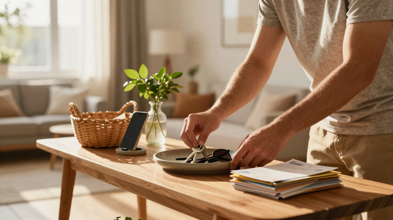 Person placing keys and sunglasses in a dish on a wooden table with mail and a phone stand in a bright living room.