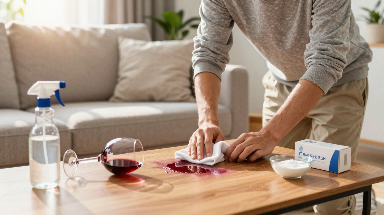 Person cleaning red wine spill on wooden table in a living room with cloth and stain remover products nearby