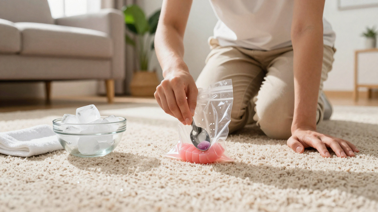 Person placing a purple pill into a plastic bag on a beige carpet next to ice cubes and a towel.