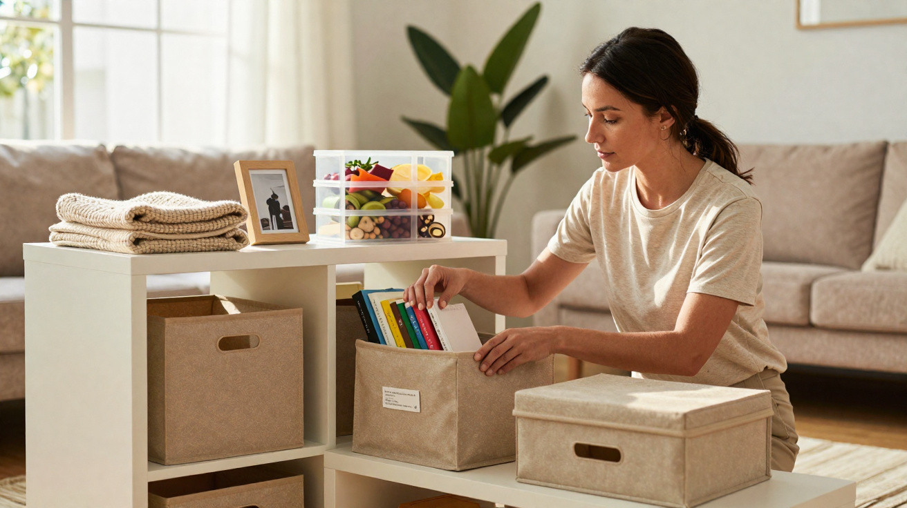 Woman organising books into beige storage boxes on a white shelving unit in a living room.