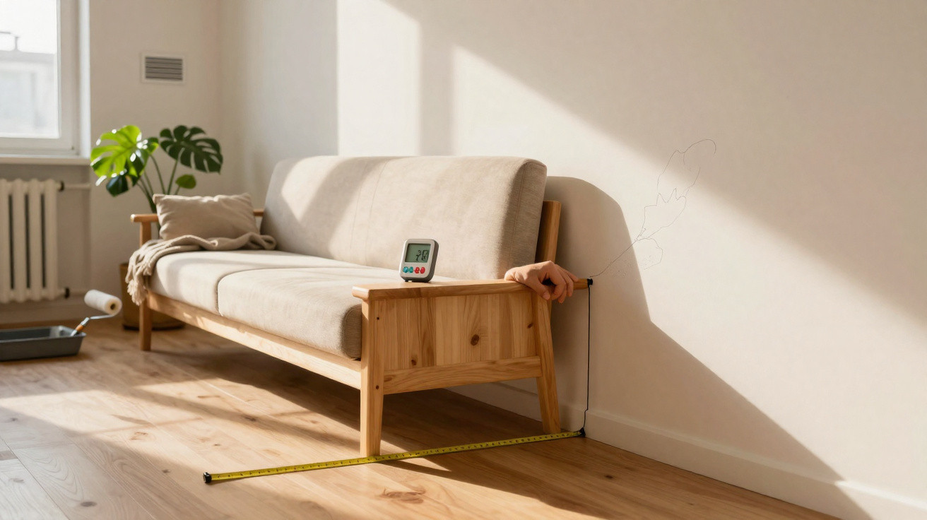 Living room with a beige sofa, a hand measuring the wall with a tape measure and a digital timer on the armrest.