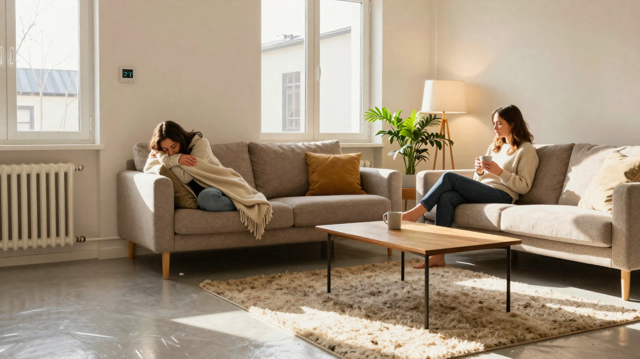 Two women relaxing on separate sofas in a bright, cosy living room with a coffee table and rug.