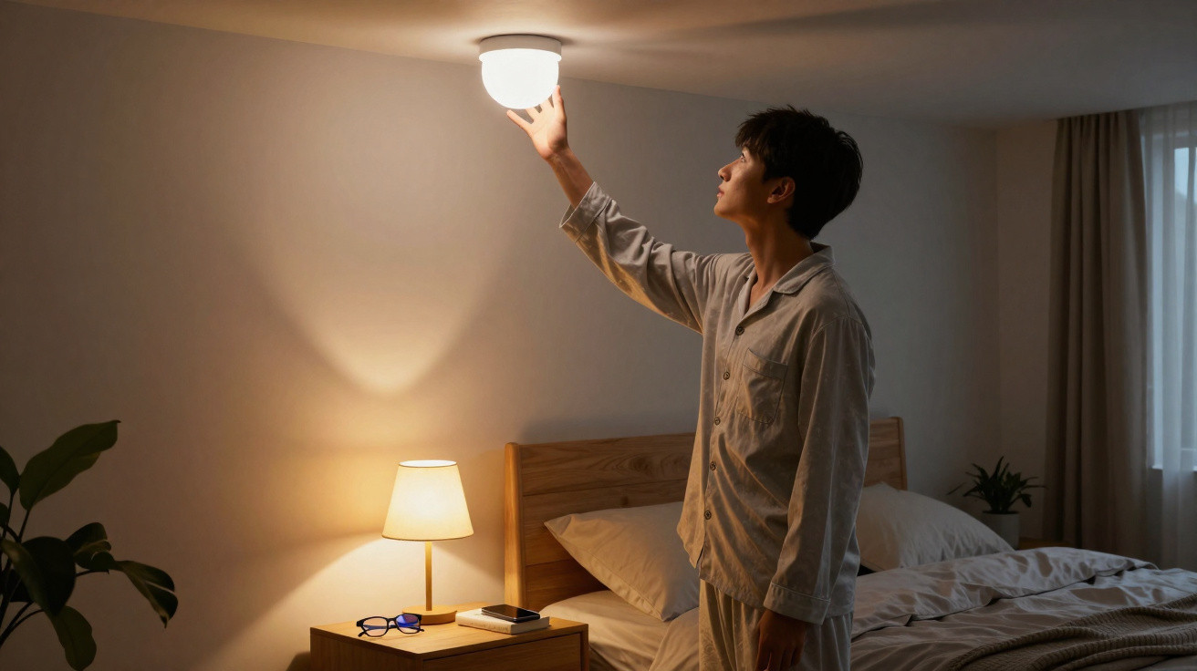 Man in pajamas changing a ceiling light bulb in a dimly lit bedroom at night