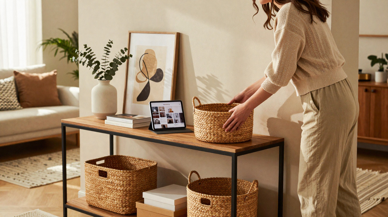 Person organising woven baskets on a wooden shelf in a cozy, neutral-toned living room with modern decor.