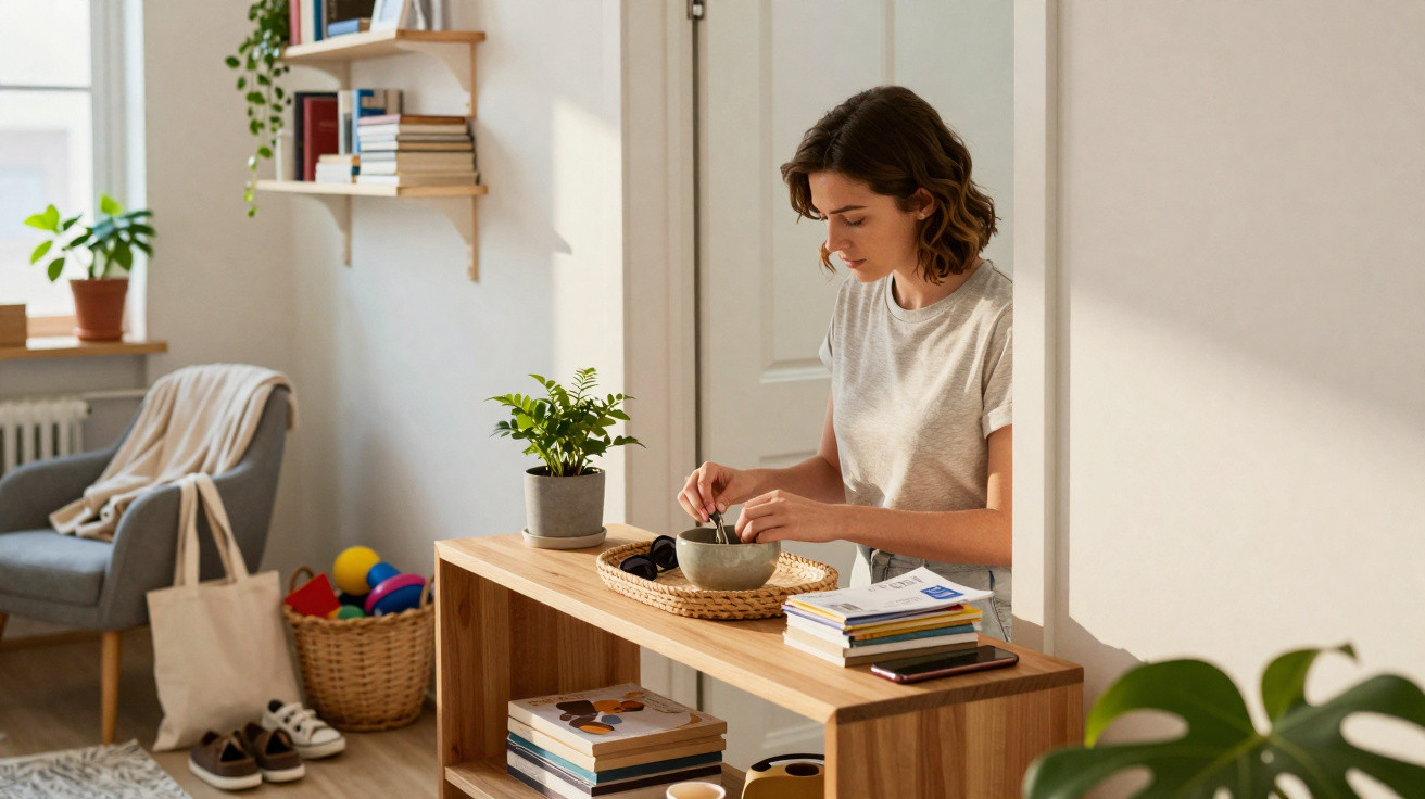 Woman sitting at a wooden table in a bright living room, stirring food in a bowl with books and a plant nearby.