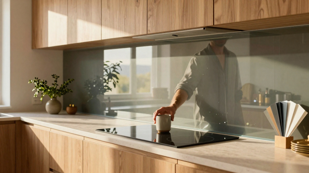 Modern kitchen with wooden cabinets, glass splashback, and a person placing a cup on the hob.