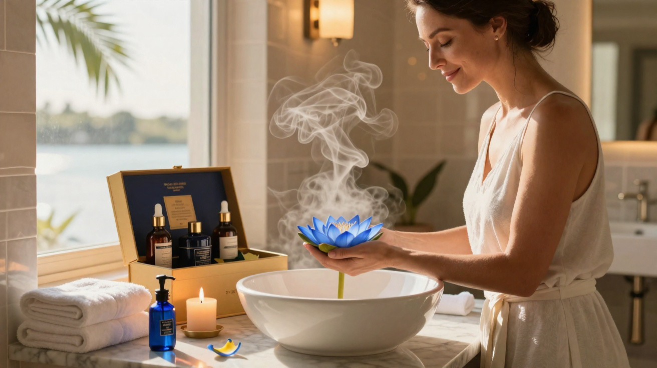 Woman holding steaming blue lotus flower over a white sink in a serene bathroom setting.
