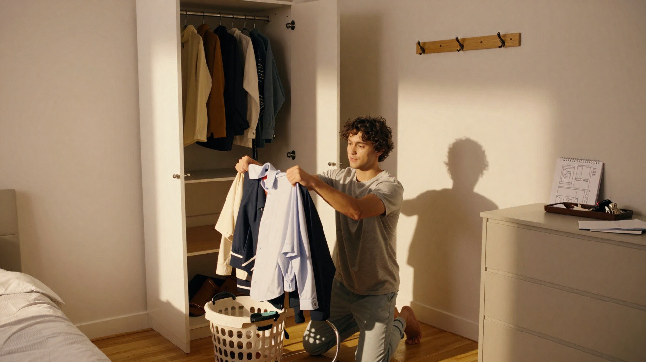 Young man kneeling by a laundry basket sorting clothes in a sunlit bedroom with an open wardrobe.