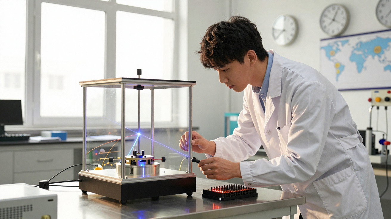 Scientist in a lab coat adjusting equipment on a table with laser beams inside a transparent enclosure.