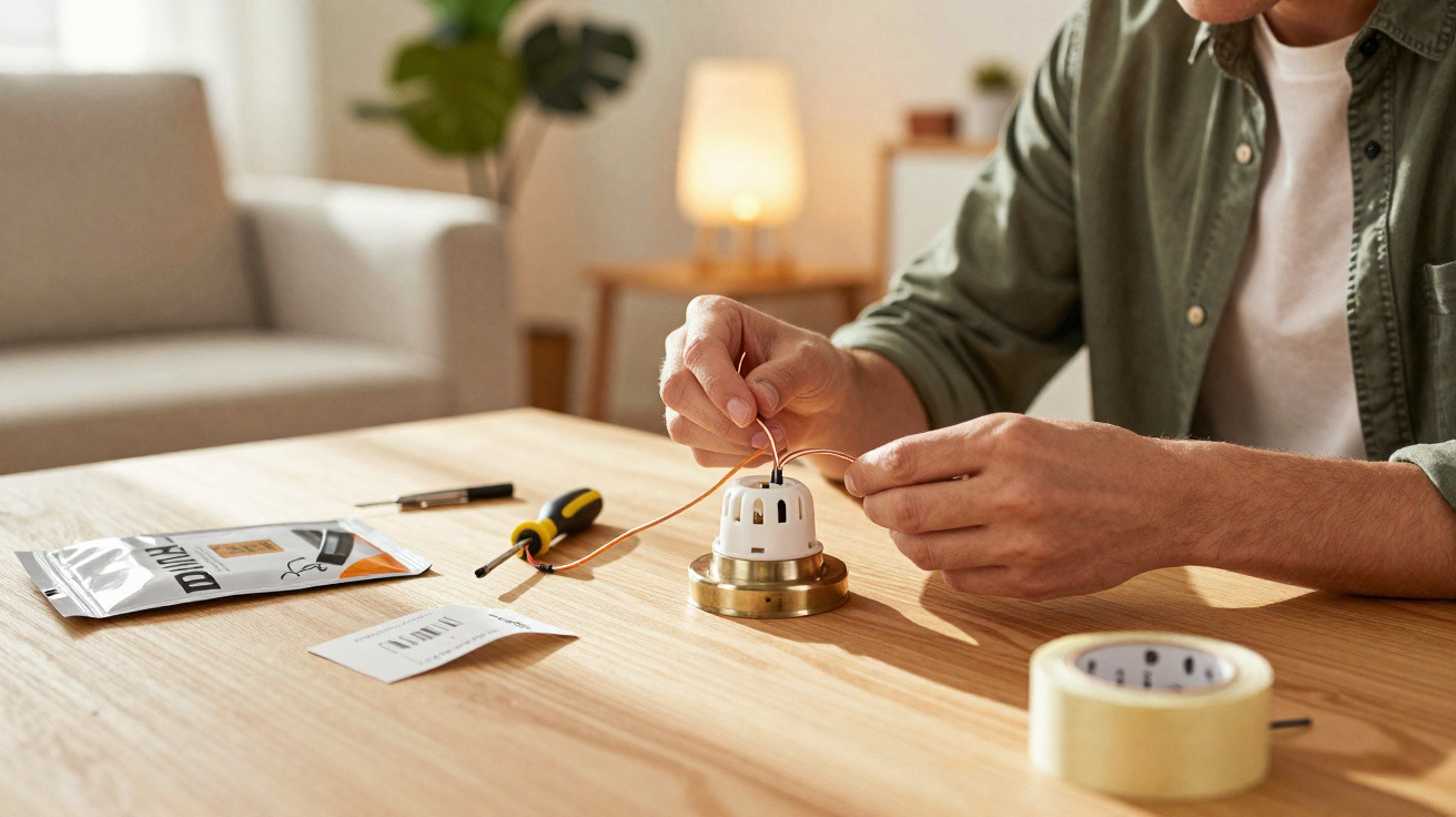 Person assembling a light bulb socket with wires on a wooden table in a living room.