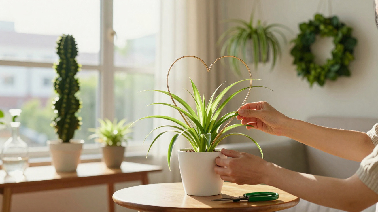 Hands shaping a wire heart around a green potted plant on a table in a sunlit room.