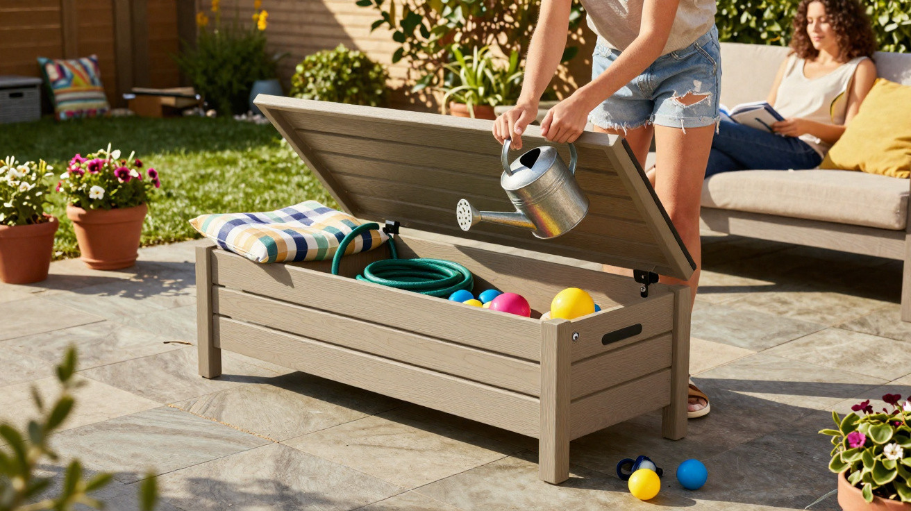 Person holding watering can opening outdoor storage bench with garden hose, cushions and balls inside.