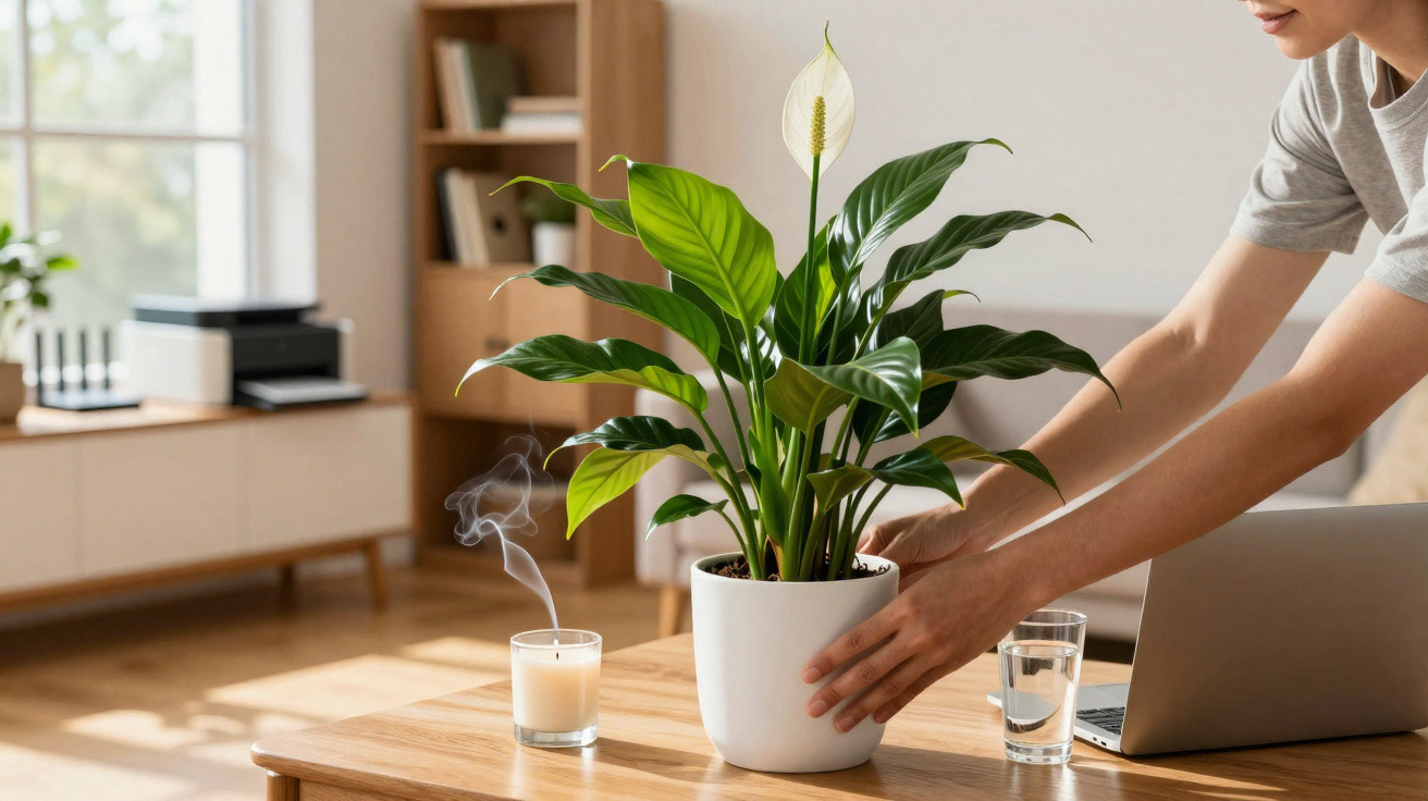 Person placing a green peace lily plant in a white pot on a wooden table with a candle and laptop nearby.