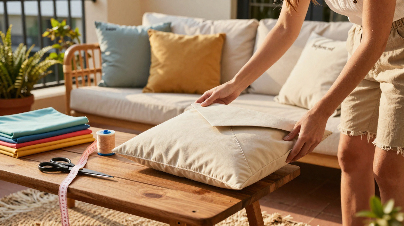 Person folding a beige cushion cover on a wooden table with sewing tools and colorful fabrics nearby.