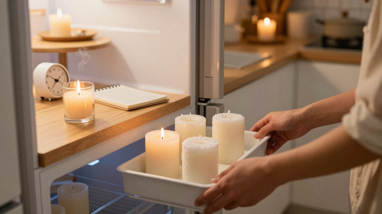 Person placing a tray of lit and unlit white candles inside a refrigerator in a kitchen.