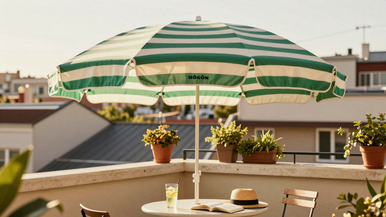 Green and white striped patio umbrella over a table with a book, straw hat, and glass of lemon water on a sunny balcony.
