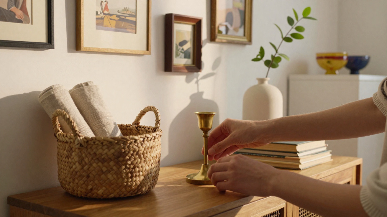 Person adjusting a brass candlestick on a wooden sideboard with a woven basket and framed artworks on the wall.