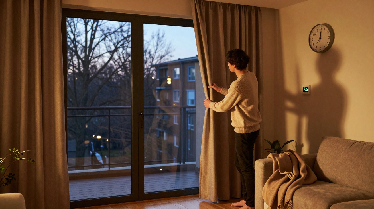 Person in a beige sweater opening curtains in a living room at dusk, with a clock showing 5:55 on the wall.