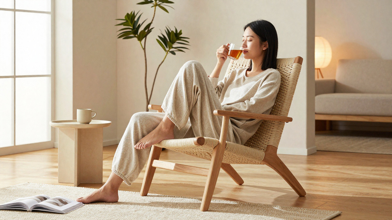 Woman in beige loungewear relaxing in wooden chair, sipping tea in a bright, minimalist living room.