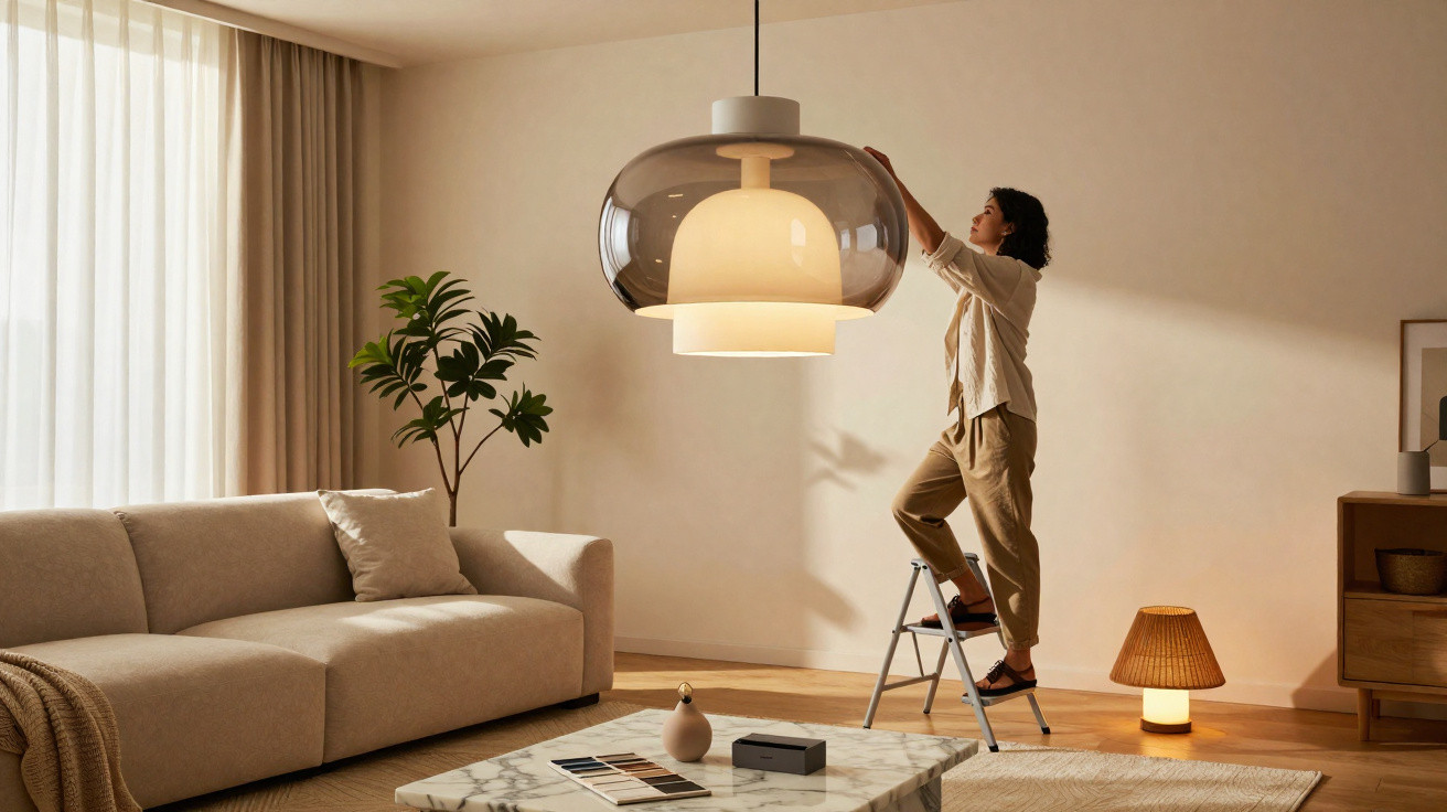 Woman standing on a ladder adjusting a large ceiling lamp in a modern, cozy living room with soft lighting.