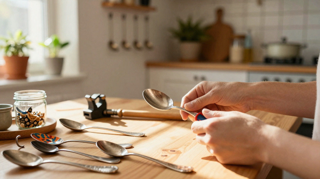 Hands polishing a spoon on a wooden kitchen table with several other spoons and a small tool.