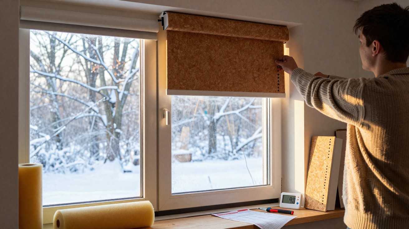 Person adjusting a brown window blind in a room with snowy trees visible outside.
