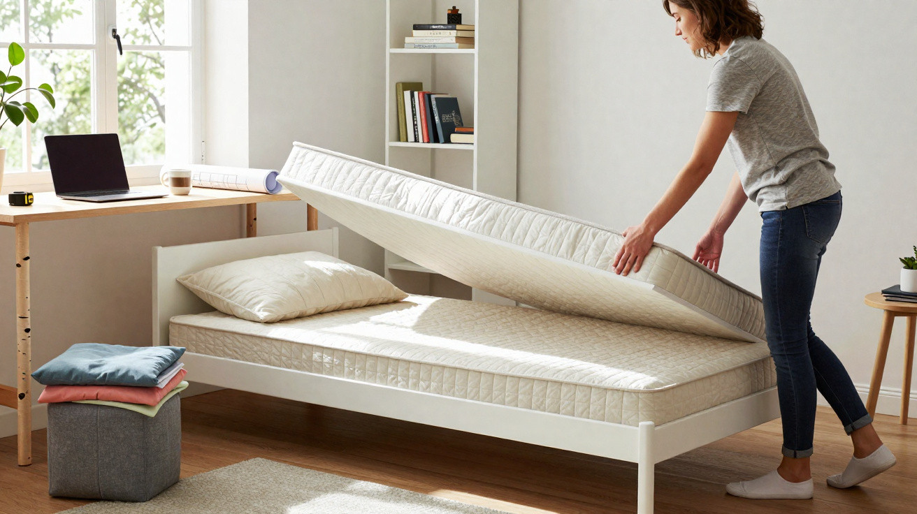 Person lifting mattress on a single bed in a bright, neatly organised bedroom with a desk and folded clothes.