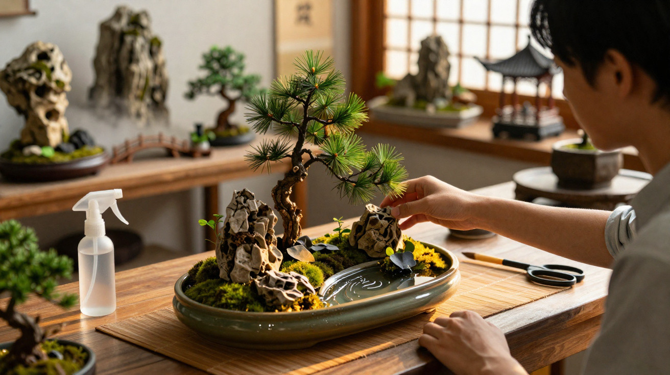 Person tending a miniature bonsai landscape with rocks, moss, and a small tree on a wooden table.