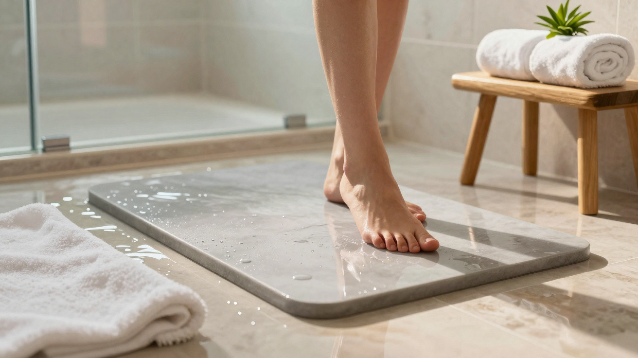 Bare feet stepping onto a grey absorbent bath mat on a wet tiled bathroom floor next to towels and a wooden bench.