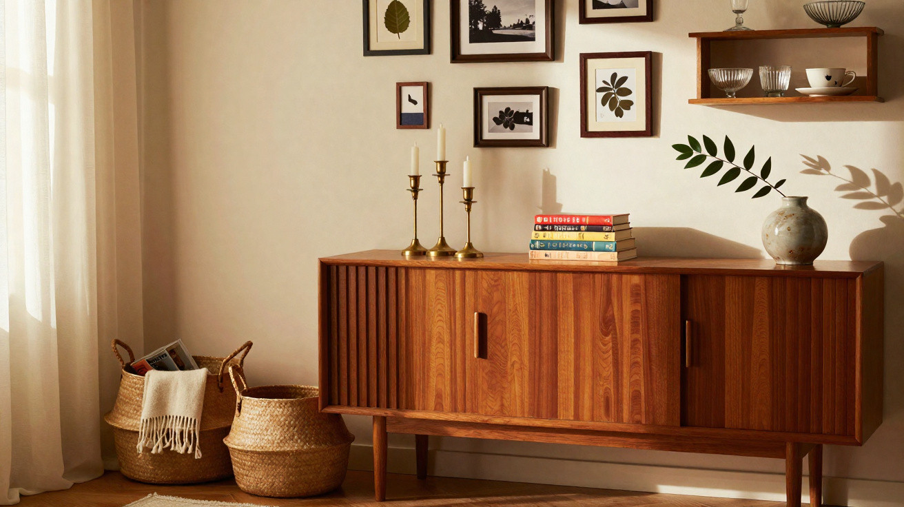 Mid-century wooden sideboard with books, candlesticks, vase, framed art, and woven baskets in a cozy room.