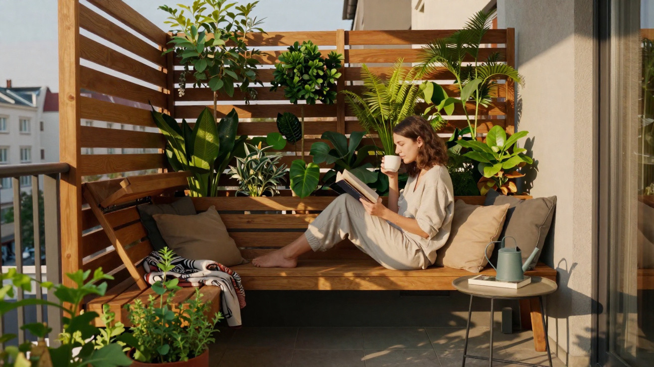 Woman sitting on a wooden bench on a balcony, reading a book and drinking from a white cup surrounded by plants.