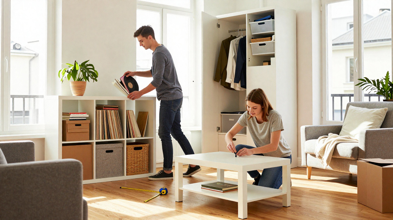 Young couple assembling furniture in a bright living room with natural light and plants.