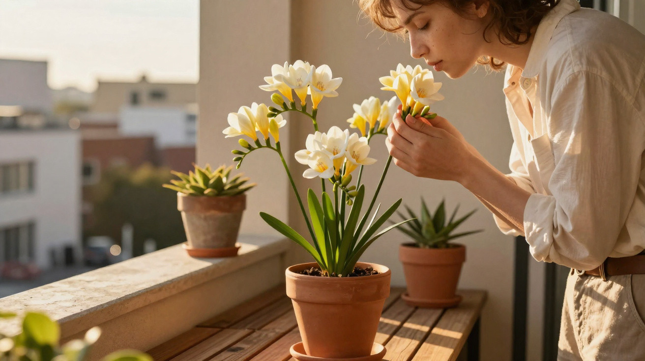 Person smelling white and yellow freesia flowers in terracotta pots on a wooden balcony table.
