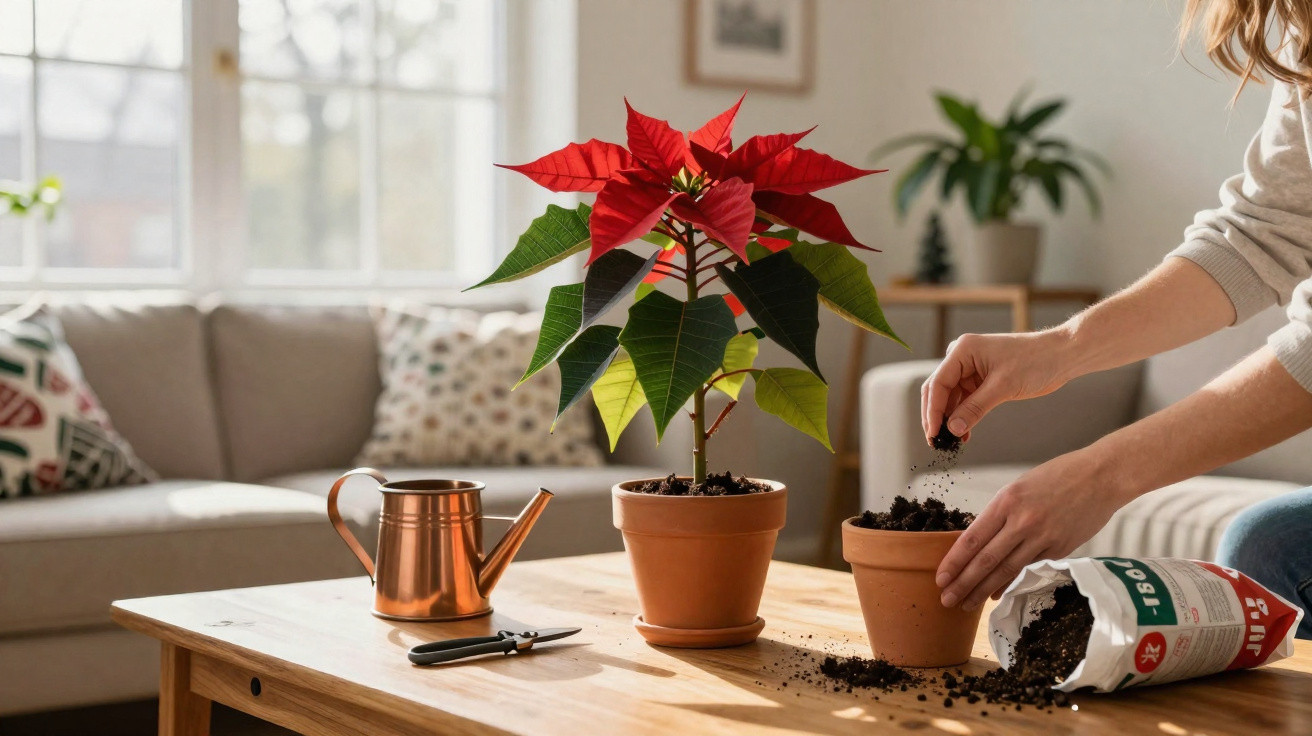 Person potting a plant with red poinsettia flowers on a wooden table in a cosy living room.