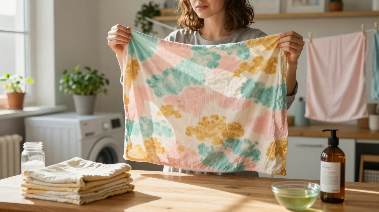 Woman holding a pastel tie-dye cloth in a bright kitchen with folded laundry and plants in the background.