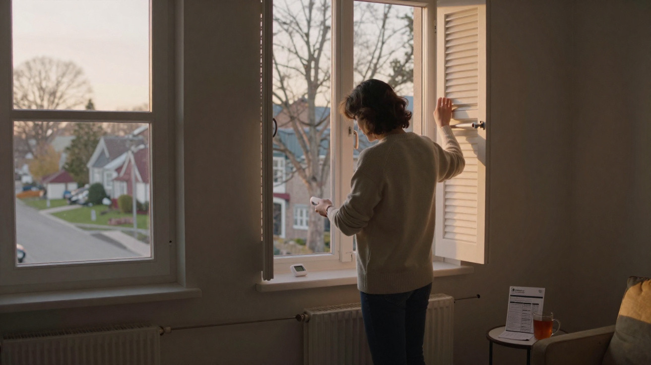 Person opening a window in a living room, with suburban houses and trees visible outside at dusk.