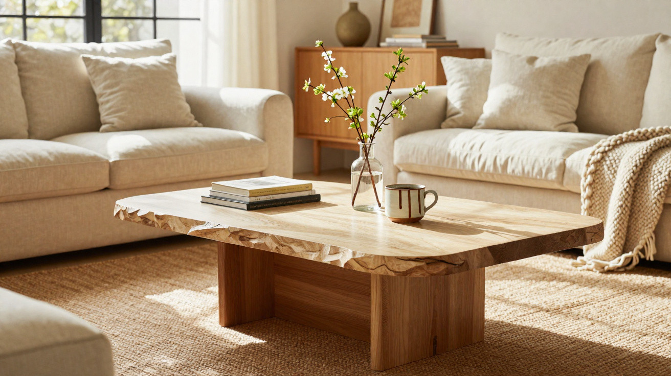 Bright living room with cream sofas, wooden coffee table, books, vase with flowers, and knitted throw on rug.